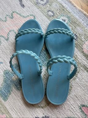 Stuart Weitzman Braided-Strap Aqua Blue Flat Sandals